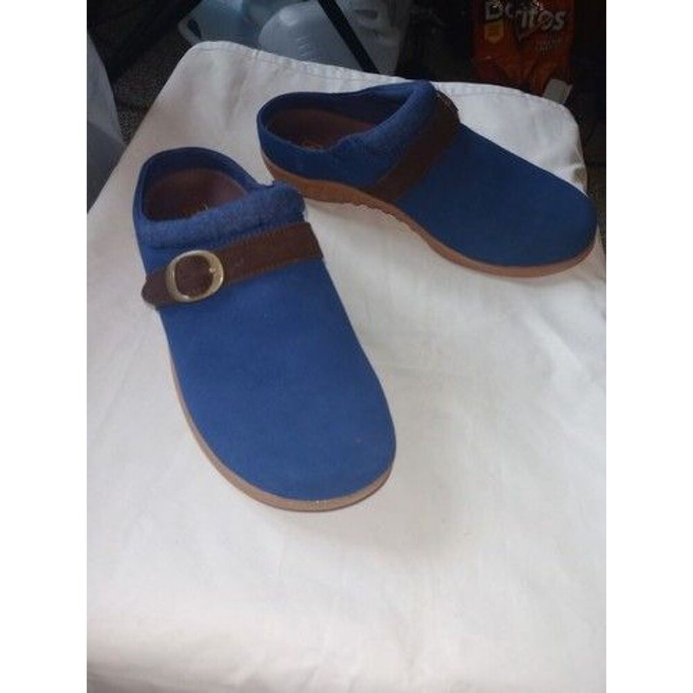 Womens Spenco Size 10 Blue Brown Slip-On Clog Leather Comfort Buckle Shoes